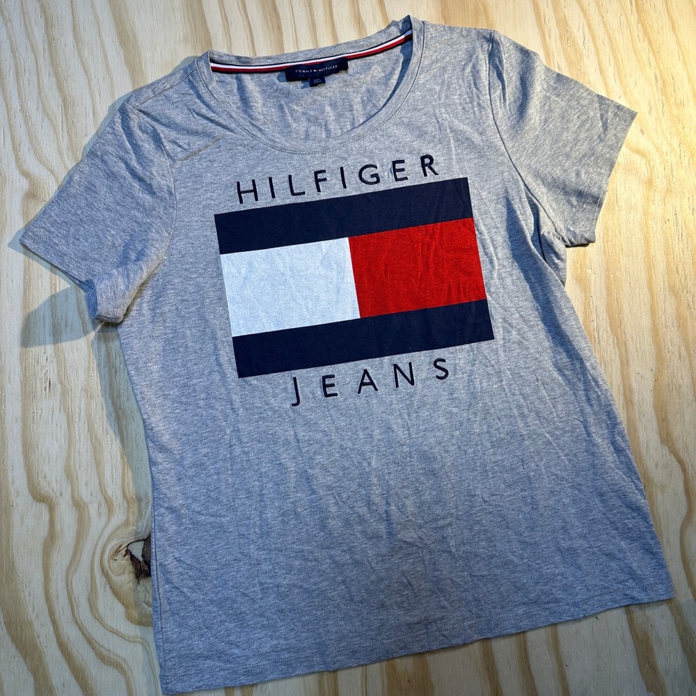 Tommy Hilfiger Women Gray Hilfiger Jeans Flag Logo Graphic T-Shirt Large